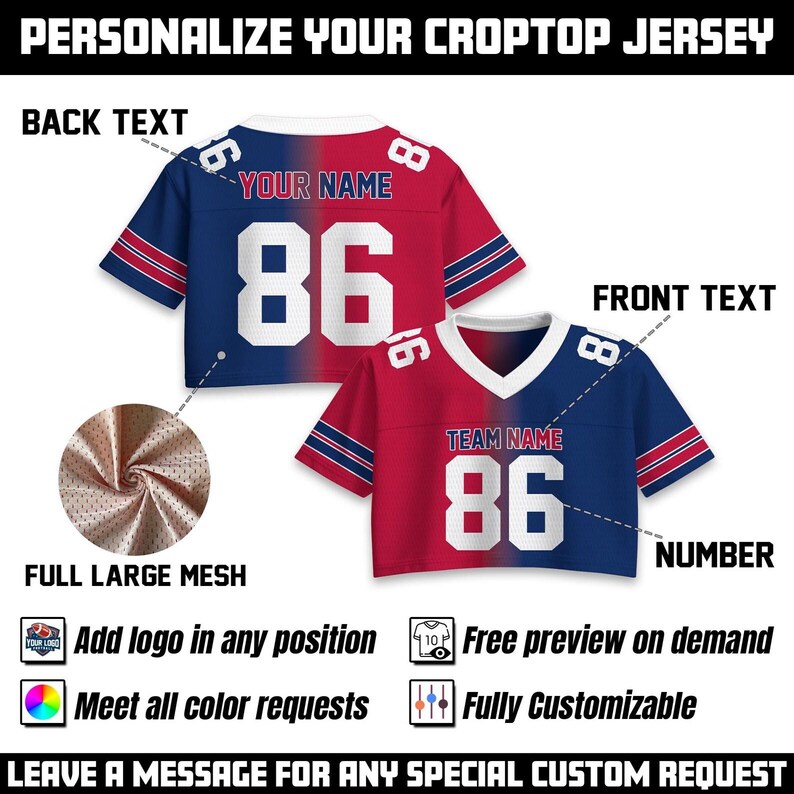 May include: Two cropped jersey tops, one with "YOUR NAME" and the number 86, the other with "TEAM NAME" and 86. The jerseys are red and blue with white numbers. The image also includes text: "PERSONALIZE YOUR CROPTOP JERSEY".