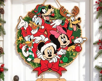 Custom Disney Christmas Door Sign, Personalized Family Name Wooden Sign, Mickey Friends Holiday Decor, Christmas Front Door Wreath