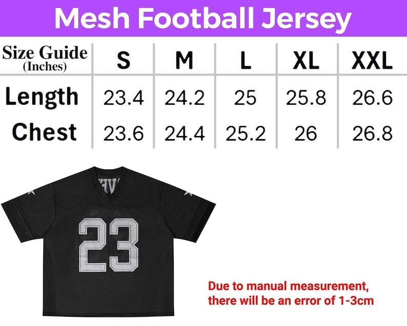 May include: Black mesh football jersey with the number 23 in white. The image includes a size guide with measurements in inches for length and chest, ranging from S to XXL. The text "Mesh Football Jersey" is at the top.