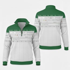 Op de afbeelding: Een wit en groen sweatshirt met een kwartrits en een ontwerp geïnspireerd op een spreadsheetprogramma-interface. De sweatshirt heeft een groene kraag, manchetten en accenten. De spreadsheetinterface is op de voor- en achterkant gedrukt. De tekst "Age Layout Formulas Delete Review View Tell me" is zichtbaar.