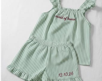 Personalized Cotton Seersucker Pajama Set, Custom Embroidered Short PJ Set, Bridesmaid Gift | Bridal Party Pajamas, Custom Name Pajamas
