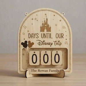 Personalisierte Familie Disney-Dekor, Disney Countdown-Zeichen, Tage bis zu unserem Disney-Holzschild, lasergeschnittenes Holzandenken