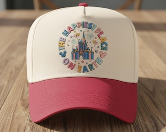 Gorra bordada "El lugar más feliz del mundo", gorra de béisbol con diseño de castillo, gorra para viaje a Disney World, gorra para vacaciones en Disney, gorra bordada para parque temático