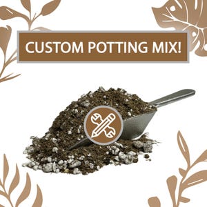 May include: A pile of potting mix with a metal scoop, featuring the text "CUSTOM POTTING MIX!". The mix is dark brown with light-colored pebbles. A circular graphic with a wrench and pencil is on the mix. Decorative leaves are in the background.
