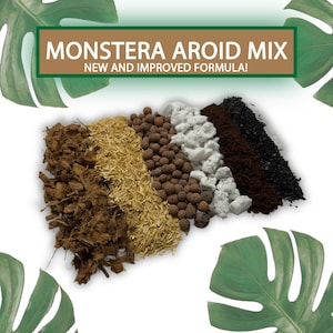 May include: A mix of soil amendments for plants, including brown bark, tan straw, brown pebbles, white pumice, dark brown soil, and black charcoal. The text on the image reads "MONSTERA AROID MIX" and "NEW AND IMPROVED FORMULA!"