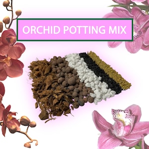 May include: An assortment of orchid potting mix components, including brown coconut husk, dark brown pebbles, white perlite, black charcoal, and yellow granules. The text "ORCHID POTTING MIX" is displayed on a pink and green banner. Pink orchid flowers are in the background.
