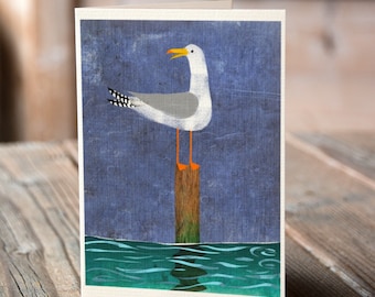 Cornish Seagull On A Post - Greetings Card