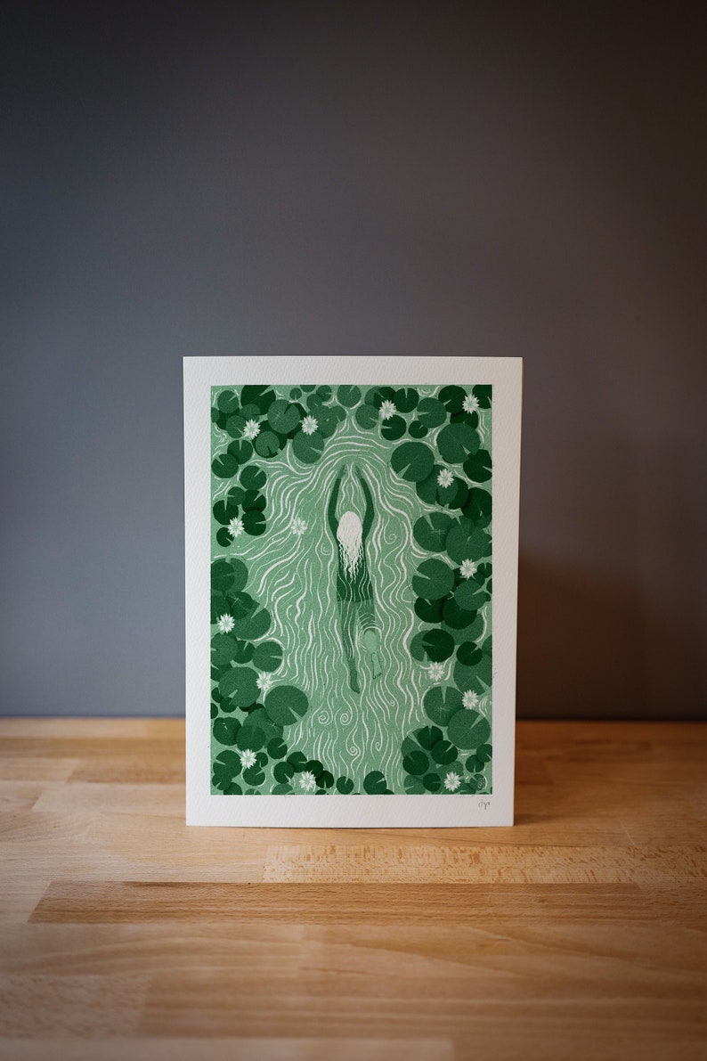 Water Lily Swimmer In Green Signed Print image 1