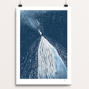 Nocturne Whale & Swimmer (In Blue) - Signed Print