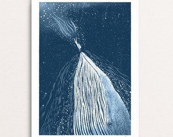 Nocturne Whale & Swimmer (In Blue) - Signed Print