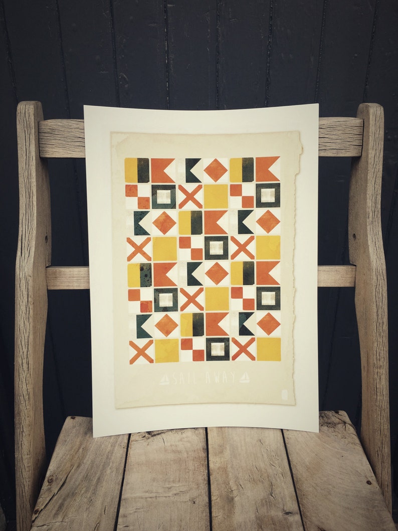 May include: A geometric print with a repeating pattern of squares, diamonds, and triangles in yellow, orange, red, black, and white. The print is on a cream-colored paper with the text "Sail Away" at the bottom.