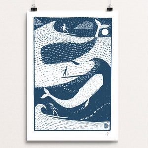 Big Whale Surfers (w kolorze niebieskim) - podpisany wydruk