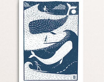 Big Whale Surfers (In Blue) - Signed Print