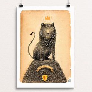 May include: A black lion with a golden crown sits on a pile of swords. The text "He's Not A Tame Lion" is written on a banner above the swords.
