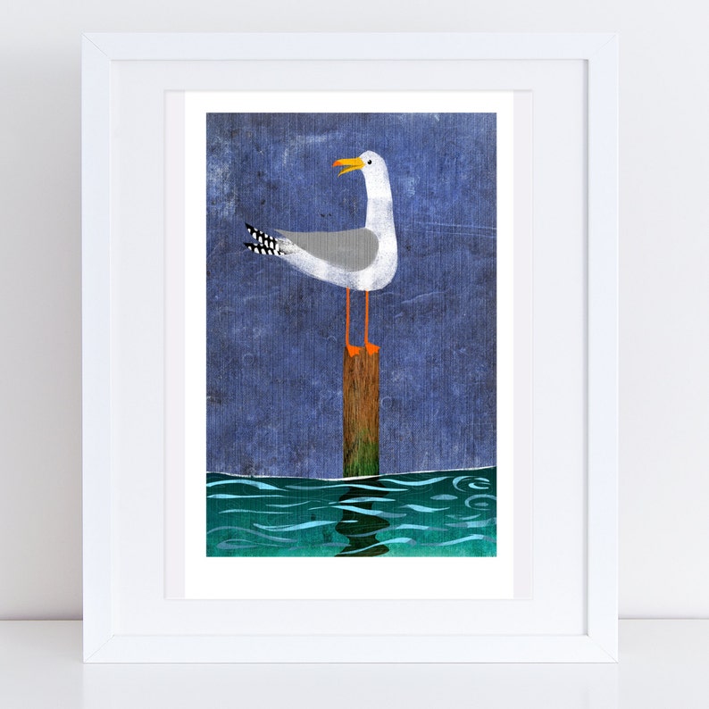 May include: A white seagull with black wingtips stands on a wooden post in the water. The water is a teal blue and the sky is a dark blue.