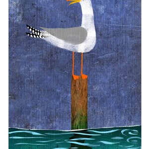 May include: A white seagull with black markings on its wings stands on a wooden post in the water. The water is a turquoise blue and the sky is a dark blue.