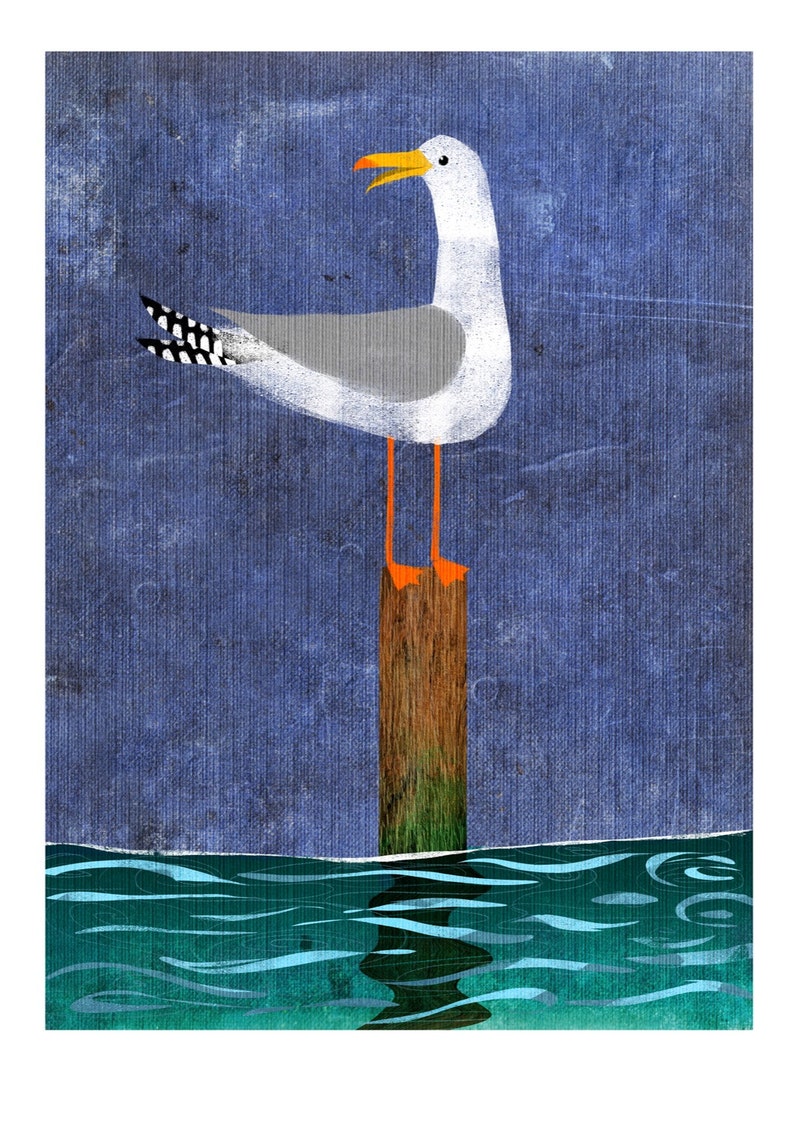 May include: A white seagull with black markings on its wings stands on a wooden post in the water. The water is a turquoise blue and the sky is a dark blue.