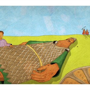 May include: A cartoon illustration of a giant warrior lying on his back in a green field. A small boy is standing near the giant's head, holding a small fish. Three other warriors are standing in the background.