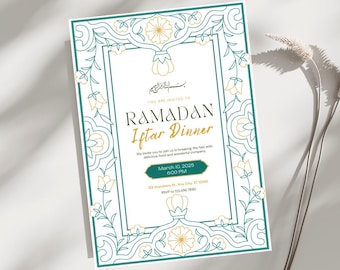 Editable Ramadan Iftar Invitation | Gold & Green Floral Digital Iftar Party Invite | Islamic Ramadan Dinner Invitation | Instant Download