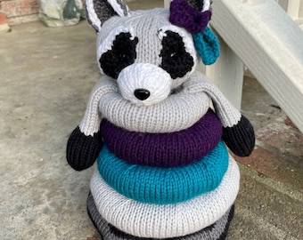 Knitted Raccoon Stacking Toy Pattern, Knit Rings (Digital Download)