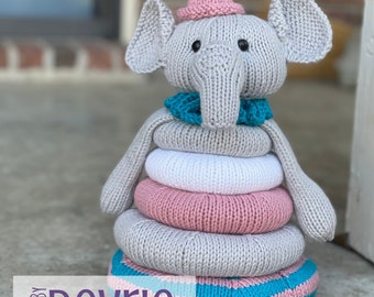 Knitted Circus Elephant Stackable Ring Toy, Knitting Pattern, Knit Toy, Toy Pattern, Stacking Toy, Elephant Baby Gift, Baby Shower Gift