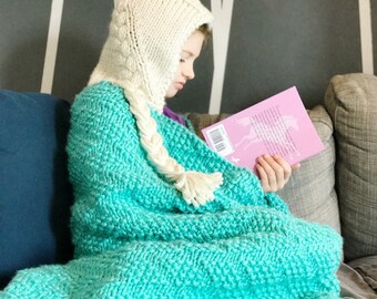 Knitted Hooded Blanket PATTERN, Elsa Inspired Chunky Knit, Toddler Child Adult Sizes (Digital Download)