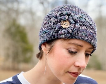 Knit Hat Pattern, Ribbed Beanie with Flower (Digital Download)