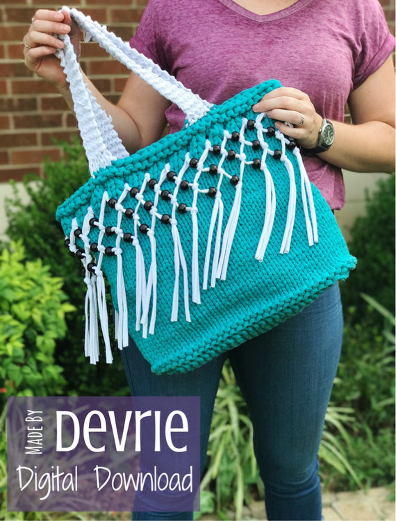 DIGITAL DOWNLOAD, Knit Tote, Knit Bag, Fringe Tote, Fringe Bag, Tote Bag, Beaded Fringe Bag, Knitting Pattern, Large Bag image 4