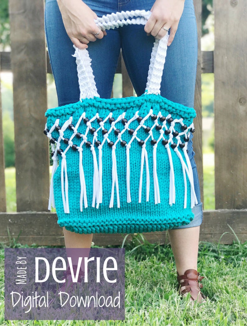 DIGITAL DOWNLOAD, Knit Tote, Knit Bag, Fringe Tote, Fringe Bag, Tote Bag, Beaded Fringe Bag, Knitting Pattern, Large Bag image 1