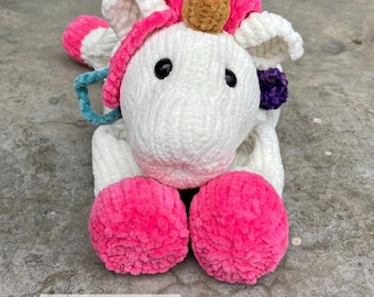 Knitted Unicorn Snuggler Toy Pattern, Chunky Chenille Yarn (PDF Pattern)