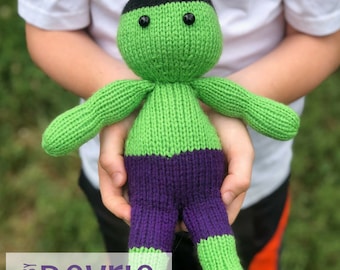 Knit Superhero Plush Pattern, Green Strong Man Toy (PDF Pattern)