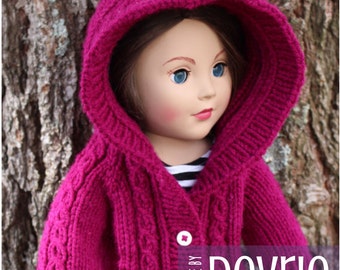 DIGITAL Download, 18 inch doll clothes, KNITTING PATTERN, Knit doll clothes, knit doll sweater, Hooded Cable Sweater