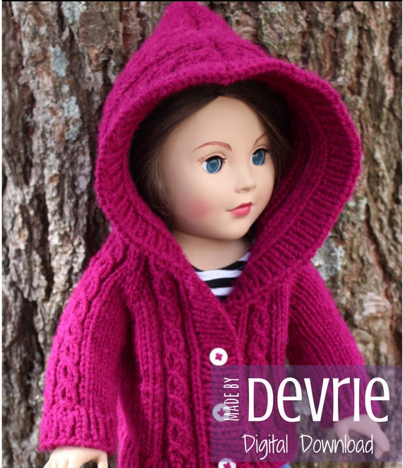 18 Inch Doll Clothes Knitting Pattern, Hooded Cable Sweater (Digital Download)