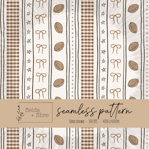 May include: Seamless pattern design featuring alternating vertical stripes. The pattern includes footballs, bows, stars, and gingham checks in shades of brown and cream. The text "fields + fibre" and "seamless pattern" are also visible.