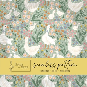 Frühlings-Gans-nahtlose Muster-Hand gezeichnete wunderliche digitale Papier-Download-Blumen-Sublimations-Stoff-Oberflächendesign-Gänse nettes Blumen-Muster
