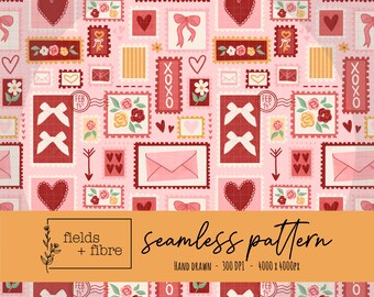 Valentine Stamps Seamless Pattern Hand Drawn Coquette Digital Paper Download Sublimation Flowers Fabric Surface Vintage Love Letters File