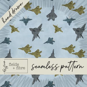 May include: A seamless pattern featuring hand-drawn illustrations of fighter jets in various shades of blue, green, and brown against a light blue background. The pattern is perfect for fabric, wallpaper, or other creative projects.