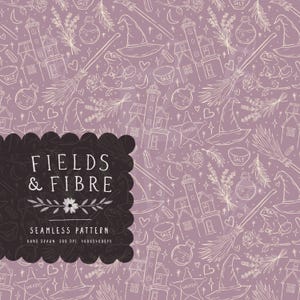 May include: A seamless pattern on a dusty purple background featuring white line drawings of witch hats, brooms, houses, frogs, roses, salt bowls, and stars. A black scalloped overlay displays the white text FIELDS & FIBRE SEAMLESS PATTERN.