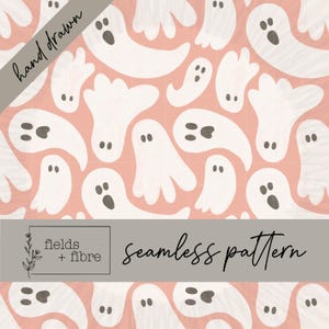 May include: A seamless pattern featuring hand-drawn white ghosts with dark grey eyes on a light coral background. The design includes the text "fields + fibre" and "seamless pattern".