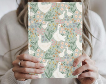 Diario de gansos de primavera, cuaderno de tapa dura mate con diseño de ganso dibujado a mano, papelería floral, diario de escritura, lindo bloc de notas de flores, planificador de jardinería