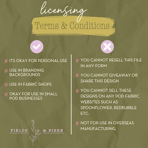 May include: An olive green graphic with the words "licensing" and "Terms & Conditions" in a handwritten style. The text details permitted and prohibited uses of the design, including personal use, branding, and fabric shops.