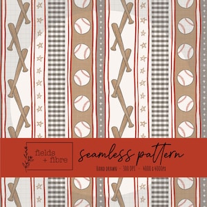 May include: Seamless pattern featuring baseballs, bats, and stars in a repeating vertical design. The pattern includes baseballs with red stitching, crossed bats, and star accents. The color palette includes beige, brown, red, and gray.