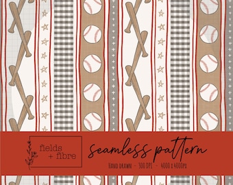 Baseball Stripes Seamless Pattern Hand Drawn Bat and Ball Digital Paper Download Sublimation Vintage Fabric Boy Sports Surface Design File