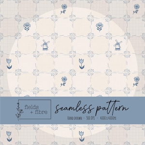 May include: A seamless pattern featuring a grid design with blue floral and windmill motifs. The text "fields + fibre" is in a rectangular box, and the words "seamless pattern" are written in cursive. The image is hand-drawn, 300 DPI, and 4000 x 4000px.