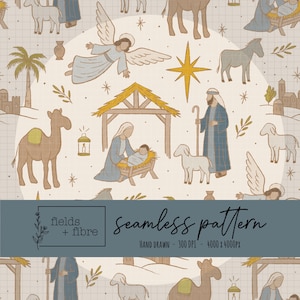 May include: A seamless pattern depicting a hand-drawn Nativity scene with angels, camels, donkeys, and a star. The design includes a manger scene with Mary and baby Jesus, rendered in soft beige, blue, and brown tones. The text "seamless pattern" is also included.