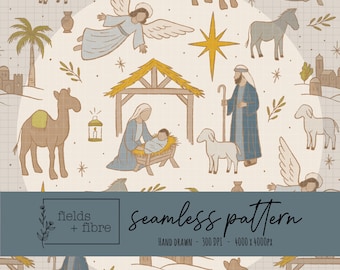 Christmas Nativity Seamless Pattern Hand Drawn Baby Jesus Digital Paper Download Sublimation Holy Birth Fabric Surface Vintage Faith File