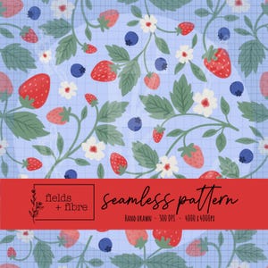 May include: A seamless pattern design with strawberries, blueberries, and white flowers on a light blue grid. The design includes the text "fields + fibre" and "seamless pattern". Hand-drawn, 300 DPI, and 4000 x 4000px.