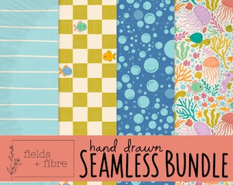 Under the Sea Seamless Pattern Pack Hand Drawn Ocean Animals Digital Bubbles Paper Download Fish Sublimation Fabric Whimsical Sea Design