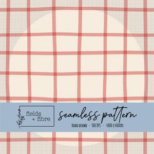 May include: A seamless pattern design with a grid of red lines on a cream background. The design includes the text "fields + fibre" and "seamless pattern" in a handwritten style, along with resolution details.
