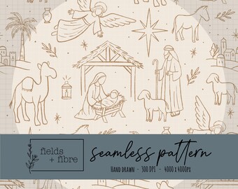 Christmas Nativity Seamless Pattern Hand Drawn Baby Jesus Digital Paper Download Sublimation Holy Birth Fabric Surface Vintage Faith File